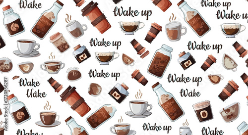 Dynamic coffee pattern with 'Wake up' text, perfect for cafes, menus, and morning themes