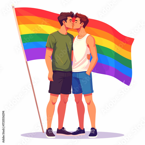 Two men kissing in front of a rainbow flag, celebrating LGBTQ+ pride.