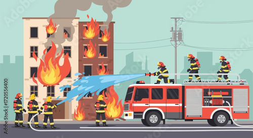 Burning Building: A team of dedicated firefighters battles an inferno consuming a towering apartment complex, showcasing a scene of courage and urgency.