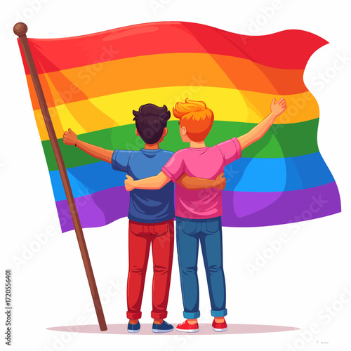 Two men embracing in front of a rainbow flag, celebrating LGBTQ+ pride.