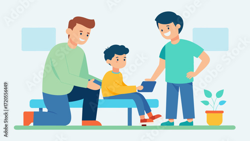 A father and his young son meet with a physical the to create a personalized care plan for managing the sons cerebral palsy. They discuss different exercises and therapies that can. Vector