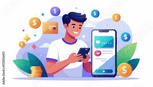 Man using mobile banking app on smartphone with coins, card, and leaves around him.