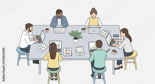 Team Meeting in Office: A collaborative team in an office setting focuses on teamwork, innovation, and collaborative environment.
