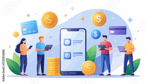 Online banking illustration with people using mobile devices and laptops to manage finances.