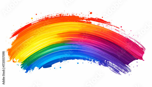 Colorful rainbow brush stroke with vibrant hues, creating a dynamic and artistic design element on a white background.