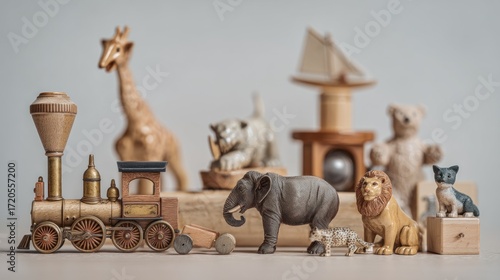 Collection of vintage-style wooden toy animals and train set for kids