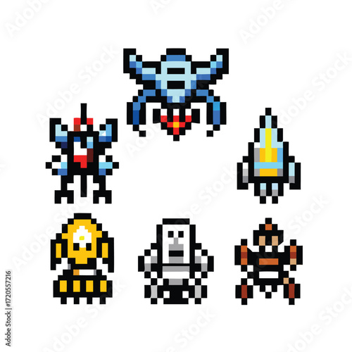 Classic Arcade 8-Bit Pixel Art Icon Set. Retro Spaceship and Alien Sprites