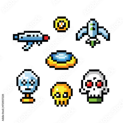Alien 8-Bit Pixel Art Icon Set. 6 Retro UFO and Sci-Fi Character Sprites
