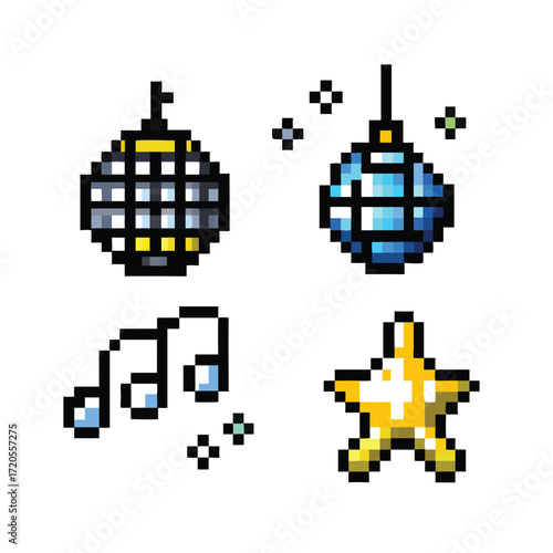 Disco Ball 8-Bit Pixel Art Icon Set. 4 Retro Party and Music Sprites