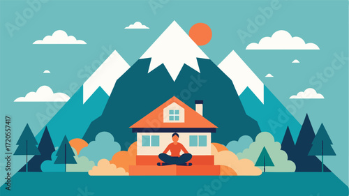 A serene mountain retreat offering meditation classes and outdoor activities like hiking and yoga to reduce stress and promote mental wellbeing.. Vector illustration