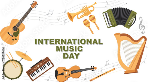 Celebrate International Music Day with diverse instruments and vibrant musical notes arrangement