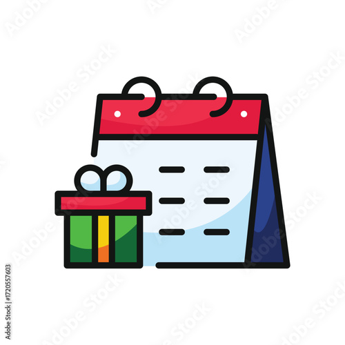 A green gift box with a red ribbon sits next to a desk calendar