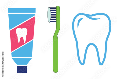Toothpaste tube, toothbrush, and tooth icon set for dental care and hygiene branding