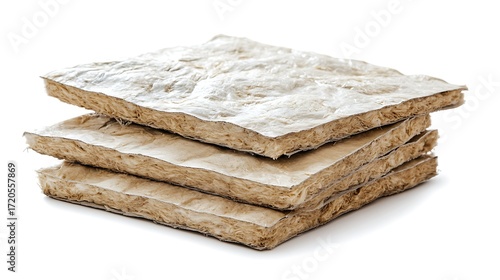 Stacked Cellulose Insulation Panels on White Background, CloseUp View Texture