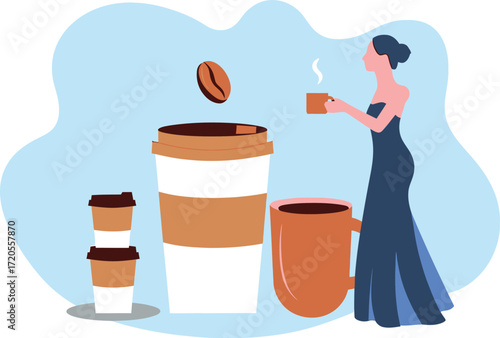Elegant woman enjoying coffee break with various coffee cups and beans, perfect for cafe use