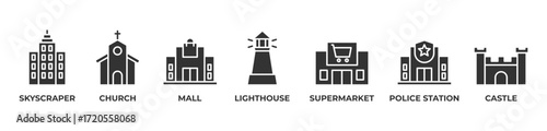 Structures of Society Icons set vector illustration glyph with Skyscraper, Church, Mall, Lighthouse, Supermarket, Police station, Castle