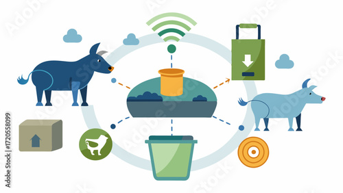 A smart waste management system that uses IoT sensors to monitor animal waste and automatically alerts farmers to any potential contamination or disease risks.. Vector illustration