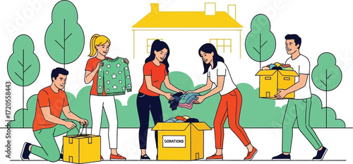 Volunteers sorting donations of clothes, promoting community support and helping others in need