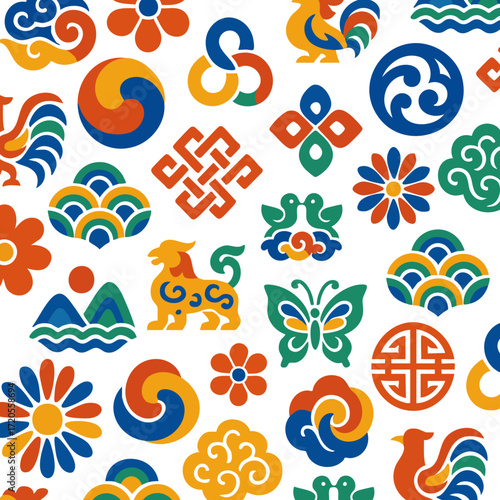 Korean Traditional Pattern Design, Isolated Background. Symbolic Folk Motifs and Colorful Korean Cultural Decorative Graphic