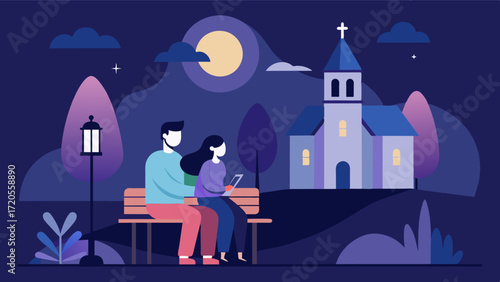 As the moonlight shone through the stained glass windows a couple sat on a bench outside the church using a language translation app to decipher the Latin inscriptions on the. Vector illustration