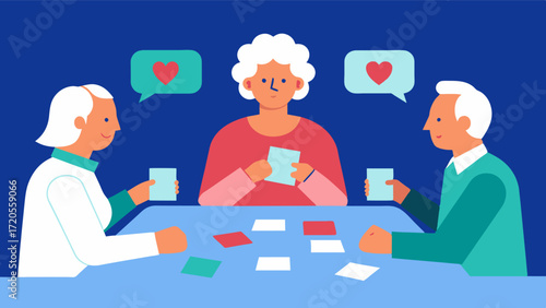 A group of seniors sit around a table matching cards with different shapes on them. This is a classic cognitive test known as the MoCA Montreal Cognitive Assessment which involves. Vector illustration