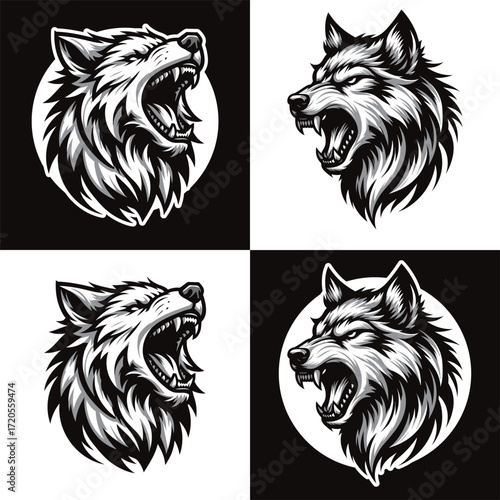 Wolf roaring tshirt design a black and white drawing showcases an angry wolfs head.
