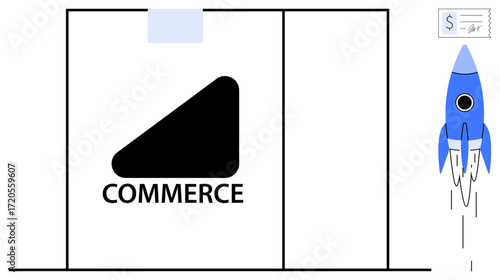 Blue rocket launching alongside a bold geometric commerce logo and receipt, representing startup growth, online business, progress, innovation, technology, e-commerce, and financial development