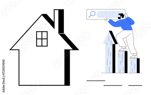 Man researching real estate growth trends, climbing bar graph adjacent to house outline. Ideal for real estate, investment, property search, market analysis, homeownership, financial growth, simple