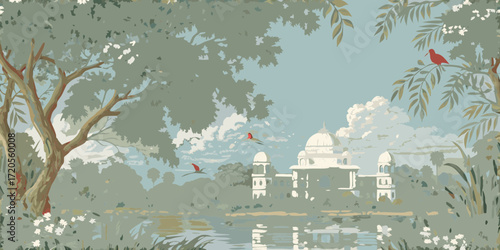 Serene indian landscape with a white palace tranquil lake lush trees and red birds in flight