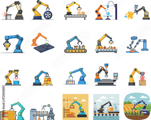 Robotic Arm Automation Icon Set – 20 Industrial, Medical, and Manufacturing Vector Icons