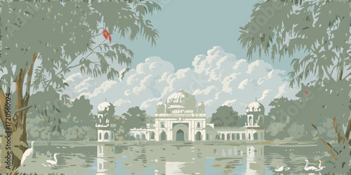 Serene landscape painting of a white mughal style building reflected in a tranquil lake with birds and trees