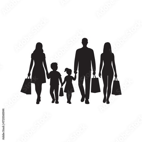 Silhouette illustration of a family of five including a man a woman a boy and a girl with shopping bags enjoying a shopping trip together perfect for retail and lifestyle content