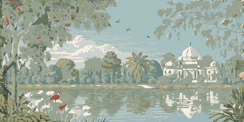 Serene landscape painting of a tranquil lake with exotic birds and a domed building reflecting in the water