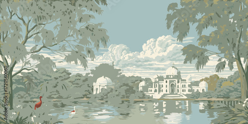 Tranquil landscape with a serene lake lush trees exotic birds and a majestic white palace in the distance