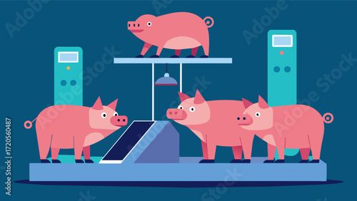 A scene shows a group of pigs standing in front of a scanning machine where they are being precisely measured and assessed for their weight muscle mass and overall health all. Vector illustration