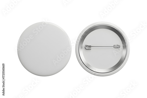 Top-down view of a blank pin badge, showing the front and the back with a safety clasp. mock up blank cover template design, transparent background, 3d rendering