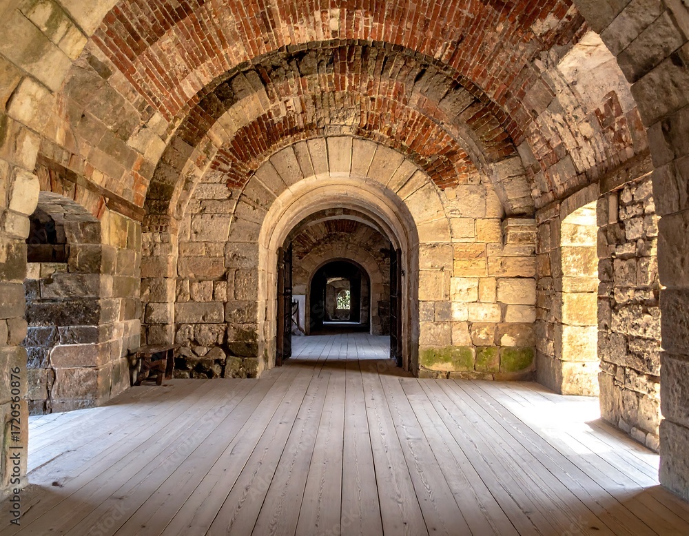 Fototapeta premium Ancient stone passageway with arched ceilings