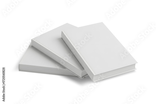 A fan arrangement of three closed hardcover books on a flat surface. White book mock up blank cover template design, transparent background, 3d rendering