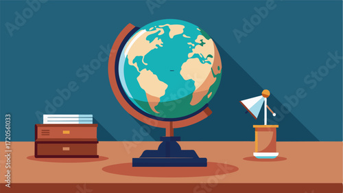 An antique globe sits on a corner of the desk a reminder of the vast global possibilities that come with working on a luxury yacht.. Vector illustration
