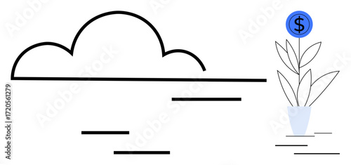 Abstract cloud and a plant sprouting with a dollar coin. Ideal for technology, finance, online storage, investment, growth, sustainability, progress. Simple flat metaphor