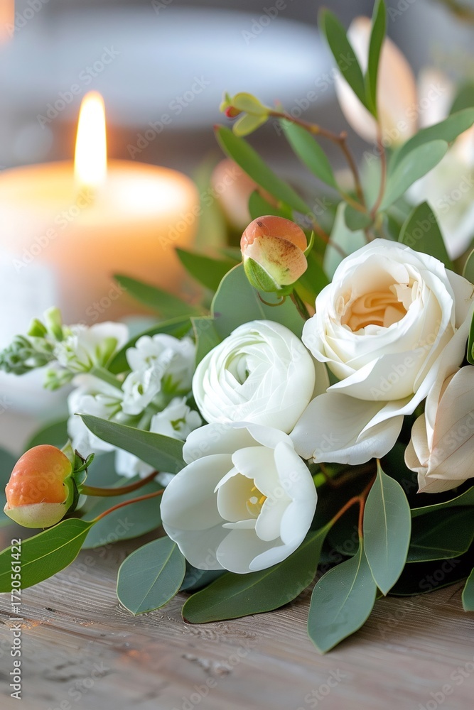 Fototapeta premium White flower arrangement with eucalyptus and burning candle