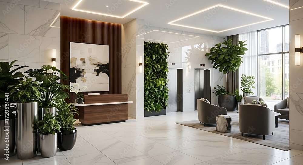 Fototapeta premium A modern, sophisticated lobby boasts a blend of greenery, clean lines, and natural materials.