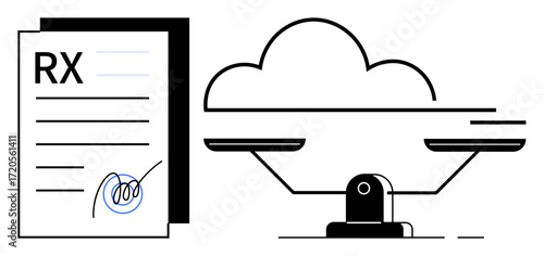 Prescription form and balance scale over cloud, reflecting healthcare, technology, and ethical balance. Ideal for healthcare, technology, innovation, cloud solutions, balance ethics and digital