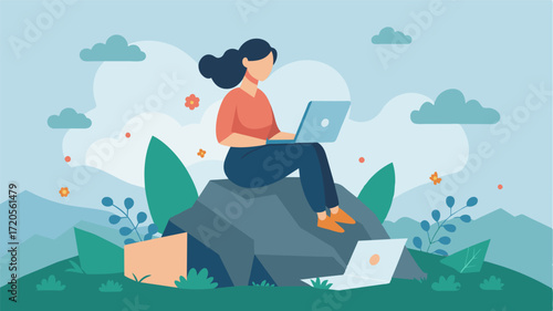 A woman working on spreadsheets while perched atop a large rock in the middle of a tranquil meadow.. Vector illustration