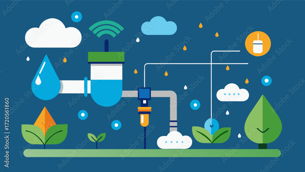 Fototapeta premium A smart sprinkler system connected to IoT weather stations adjusting watering patterns based on realtime weather data to ensure water efficiency.. Vector illustration