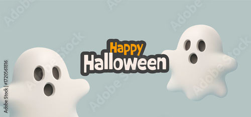 Spooky ghosts flying and scaring, 3D character. For Halloween concepts. Ghosts in white cloth. Modern banner. Vector illustration.