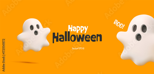 Orange banner with Halloween greetings. 3D white spooky ghosts flying. Spirits scare. Vector illustration.