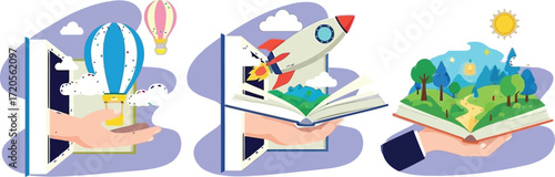 Inspiring stories open doors to imagination, adventure, and discovery with hot air balloons, rocket ships, and vibrant nature scenes springing from books