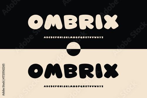 Ombix font design with uppercase letters and alphabet on black and beige backgrounds