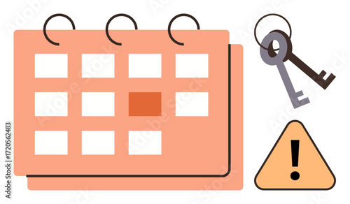 Calendar featuring highlighted date, keys symbolizing access or responsibility, and warning triangle indicating urgency. Ideal for planning, deadlines, time management, security, organization, key